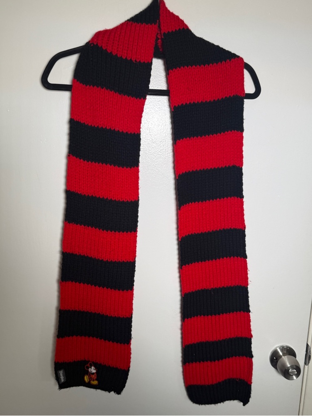 Disneyland Resort Black & Red Striped Chunky Knit Scarf Mickey Embroidered Patch